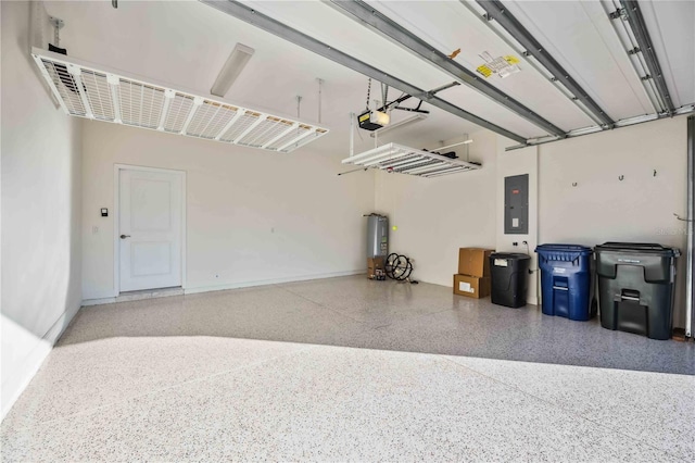 garage with water heater, electric panel, baseboards, and a garage door opener