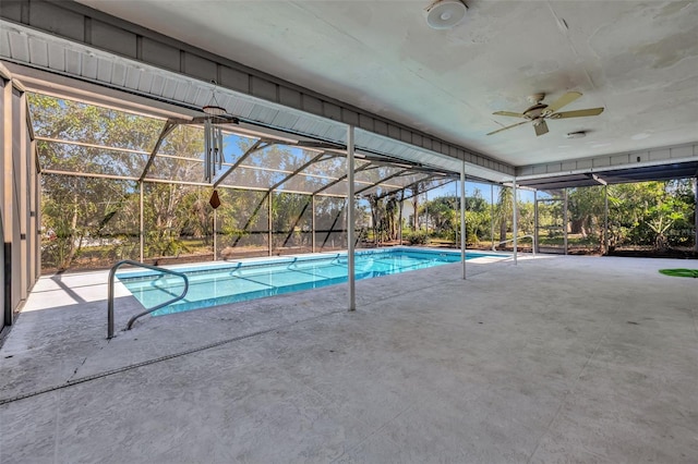 pool featuring ceiling fan, a patio area, and a lanai