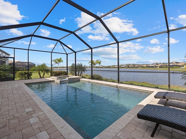 view of pool featuring an in ground hot tub, a water view, a lanai, and a patio