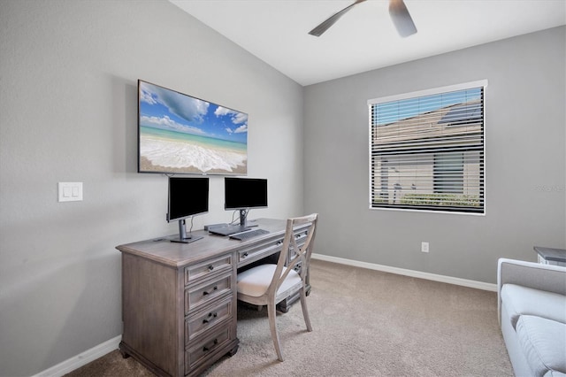 carpeted office with ceiling fan