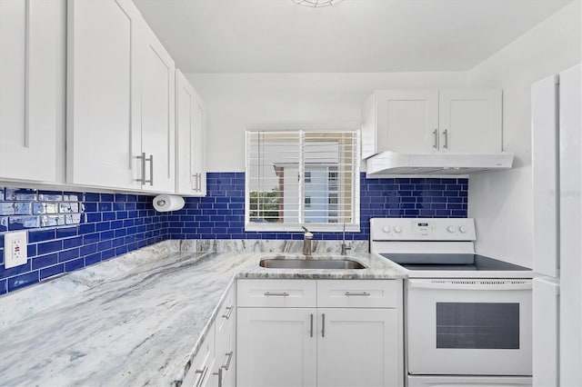 kitchen featuring tasteful backsplash, white cabinetry, sink, electric range, and light stone counters