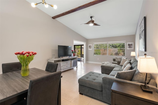 tiled living room with vaulted ceiling with beams and ceiling fan with notable chandelier