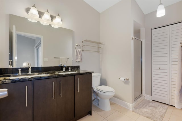 bathroom with an enclosed shower, vanity, tile patterned floors, and toilet