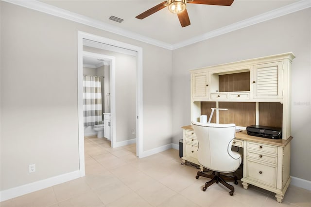 home office featuring ornamental molding, ceiling fan, and light tile patterned flooring