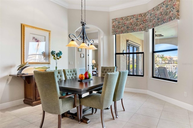 tiled dining space with crown molding