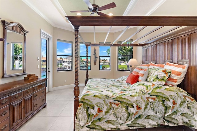 tiled bedroom with crown molding, access to outside, and ceiling fan