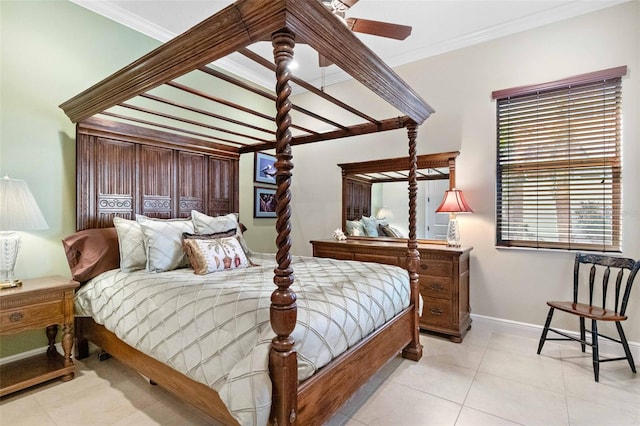 tiled bedroom with ceiling fan and ornamental molding