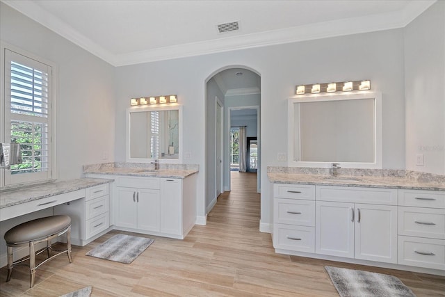 bathroom featuring wood-type flooring, a healthy amount of sunlight, vanity, and crown molding