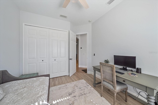 office area featuring ceiling fan and light wood-type flooring