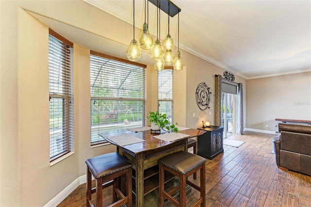 dining room featuring ornamental molding and dark hardwood / wood-style flooring