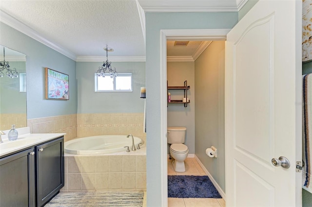 bathroom with a chandelier, tile patterned flooring, vanity, tiled tub, and crown molding