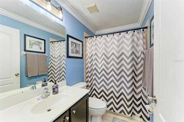 bathroom with vanity, ornamental molding, a textured ceiling, curtained shower, and toilet