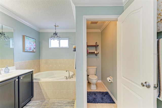 223 Heritage Isles Way, Bradenton, FL 34212 - bathroom with an inviting chandelier, tile patterned flooring, vanity, toilet, and a garden tub