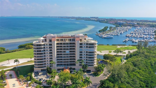 aerial view featuring a water view