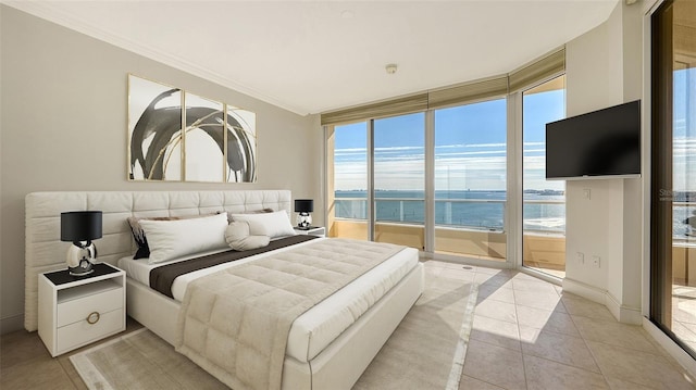 bedroom featuring crown molding, a wall of windows, access to exterior, and multiple windows