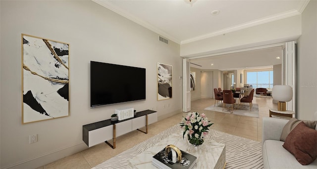 living room with crown molding and light tile patterned floors