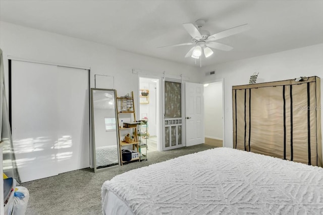 bedroom featuring ceiling fan and carpet flooring