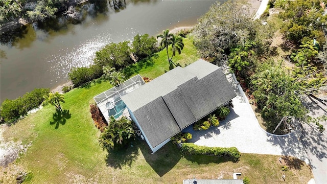 drone / aerial view with a water view