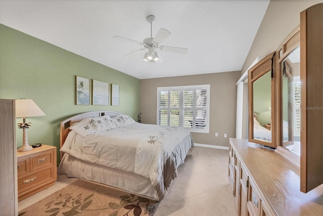 bedroom with ceiling fan and lofted ceiling