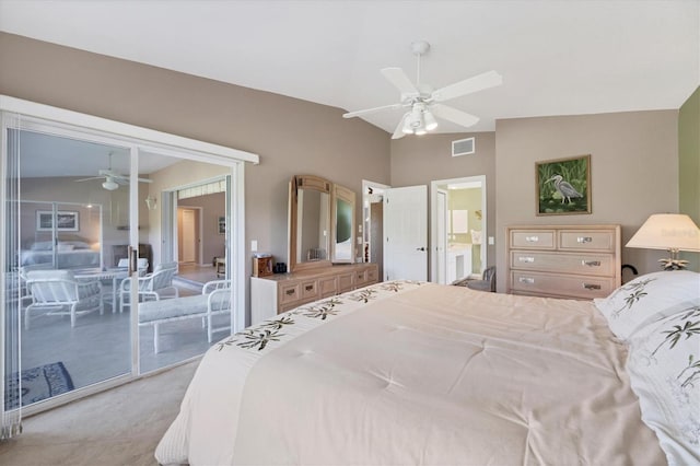 bedroom with ensuite bathroom, lofted ceiling, access to outside, and ceiling fan