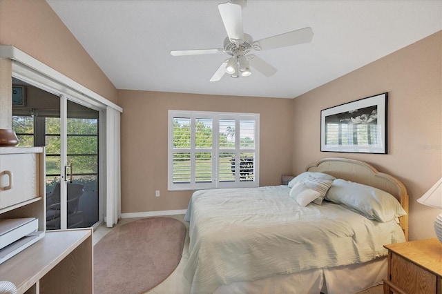 bedroom featuring multiple windows, carpet flooring, access to outside, and ceiling fan