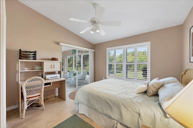 bedroom with ceiling fan, lofted ceiling, light tile patterned floors, and access to outside