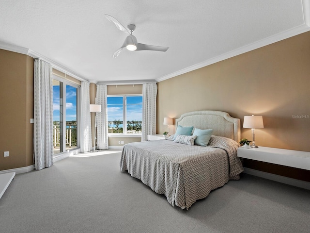 bedroom featuring crown molding, carpet floors, access to exterior, and ceiling fan