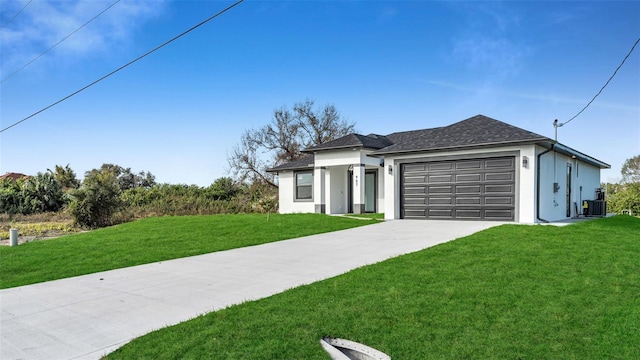 view of front of house featuring an attached garage, central AC, concrete driveway, stucco siding, and a front lawn