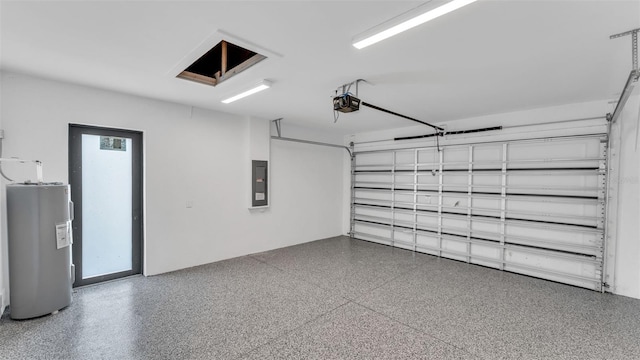 garage featuring electric panel, water heater, and a garage door opener