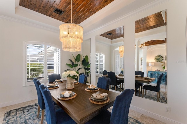 dining space with a notable chandelier, a tray ceiling, ornamental molding, and wooden ceiling