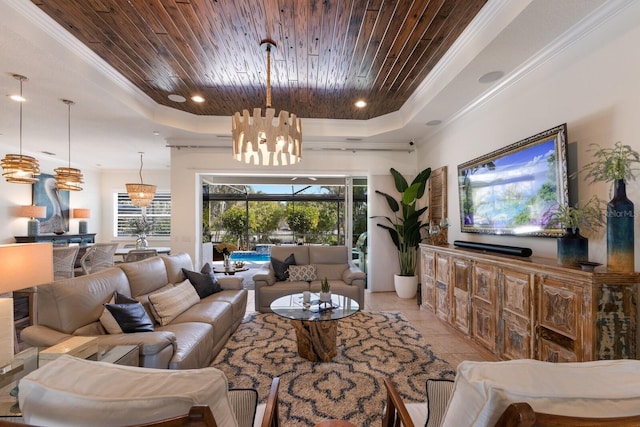 tiled living room featuring ornamental molding, a raised ceiling, and wooden ceiling