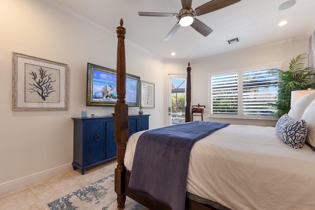 bedroom featuring ornamental molding, access to outside, light tile patterned flooring, and ceiling fan