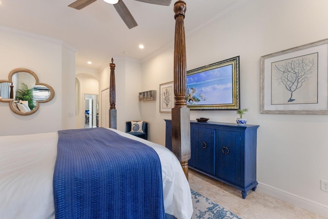 bedroom featuring crown molding and ceiling fan