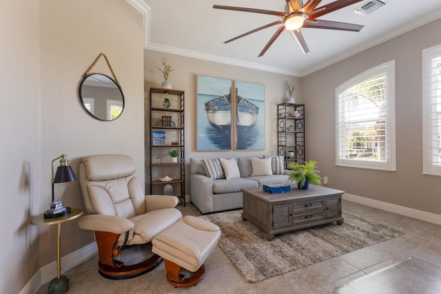 living room featuring crown molding and ceiling fan