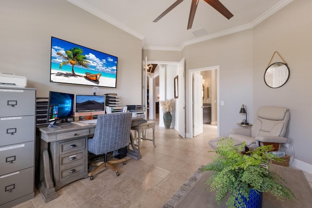 office area with ornamental molding and ceiling fan