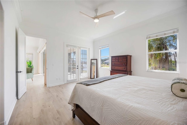 bedroom featuring french doors, crown molding, ceiling fan, access to exterior, and light hardwood / wood-style floors