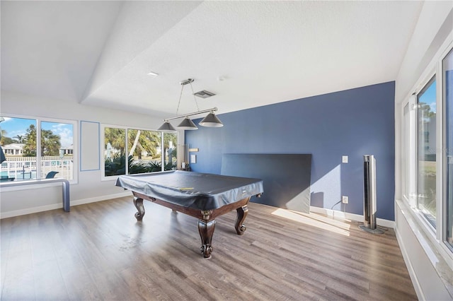 rec room featuring pool table, wood finished floors, and baseboards