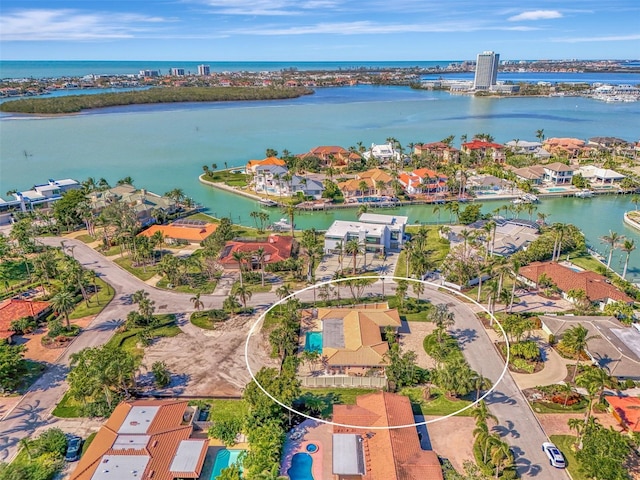 drone / aerial view with a water view