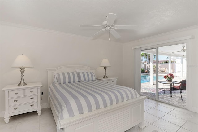 tiled bedroom with access to outside, ornamental molding, and ceiling fan