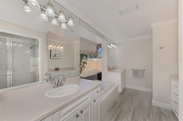 bathroom featuring vanity, ornamental molding, and a shower with door