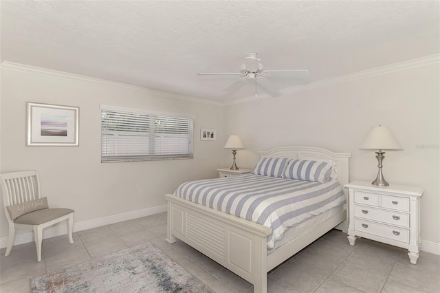 bedroom featuring crown molding, ceiling fan, a textured ceiling, and light tile patterned floors