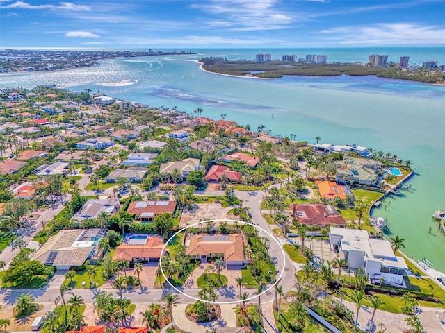 drone / aerial view featuring a water view