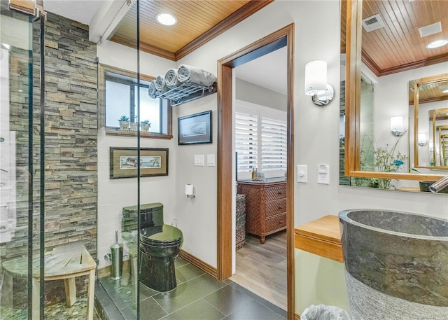 bathroom featuring ornamental molding, wooden ceiling, beamed ceiling, and walk in shower