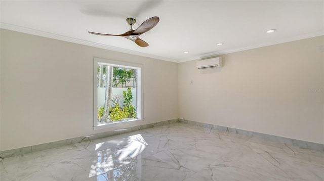 spare room with ceiling fan, ornamental molding, and an AC wall unit