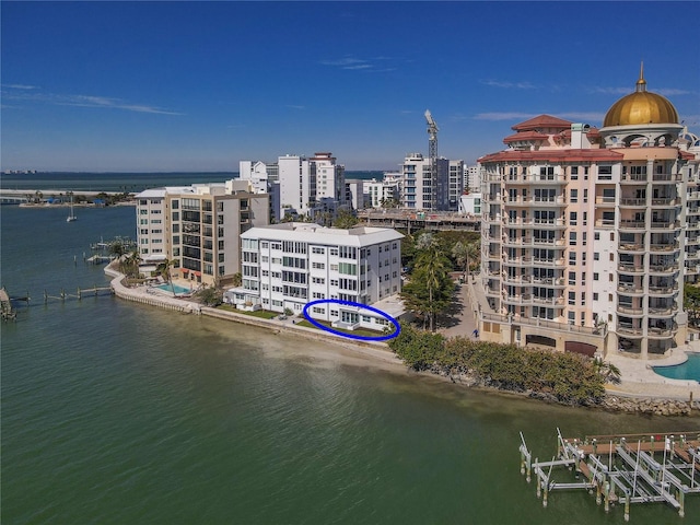 aerial view featuring a water view