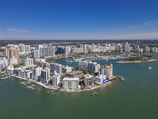 drone / aerial view featuring a water view