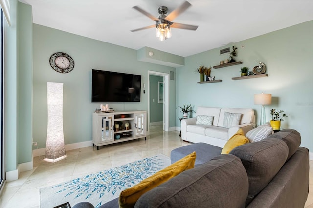 living room featuring ceiling fan