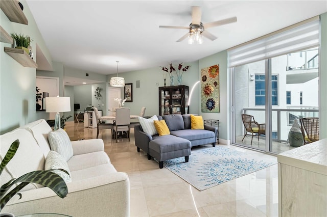 living room with ceiling fan