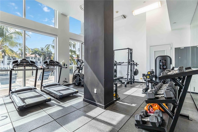 gym featuring a towering ceiling