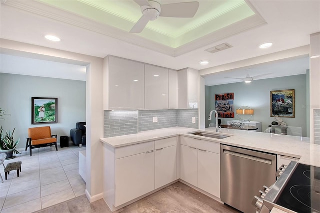 kitchen with sink, ceiling fan, stainless steel appliances, white cabinets, and a raised ceiling